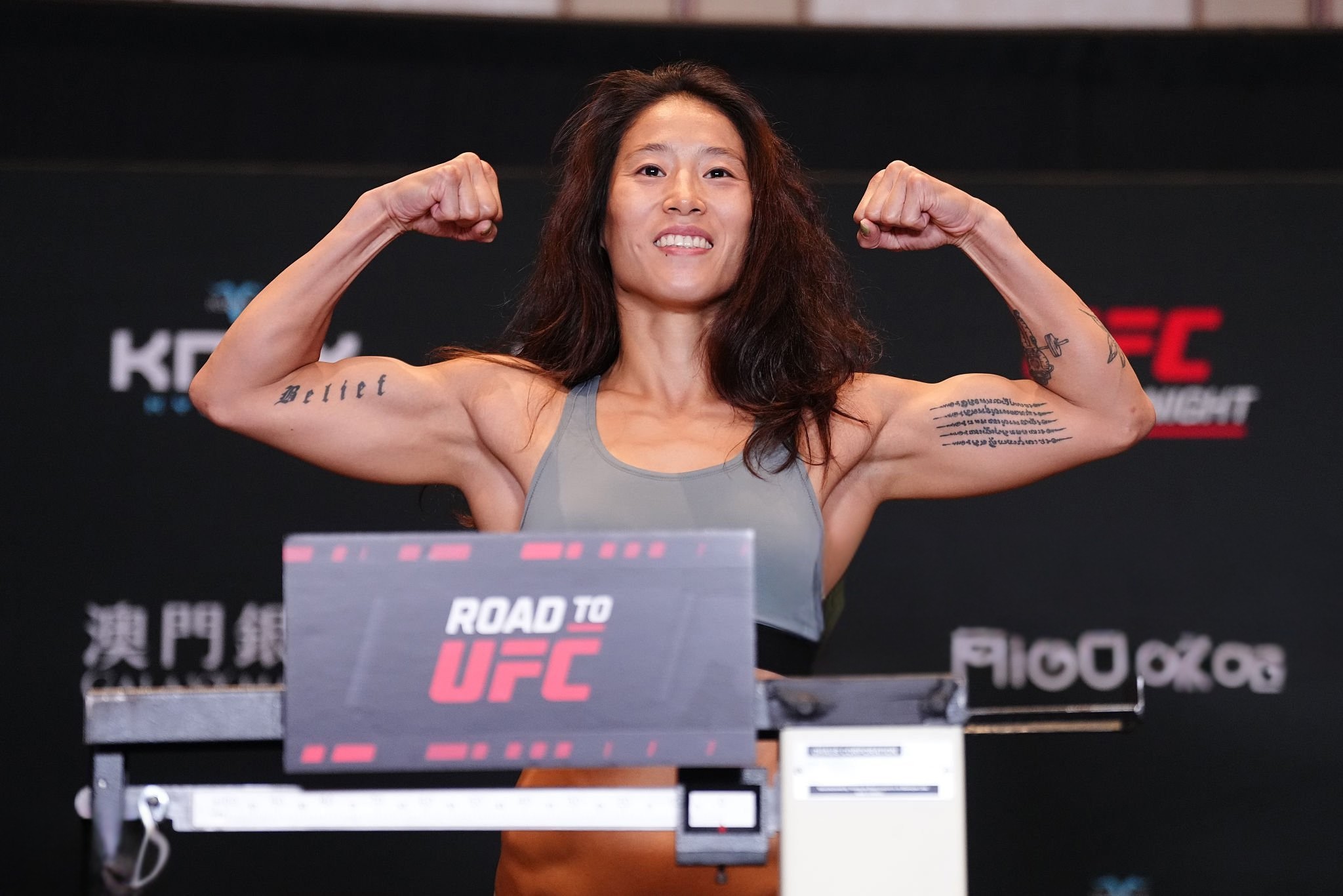 Meng Bo at Road to UFC Macau weigh-in flex